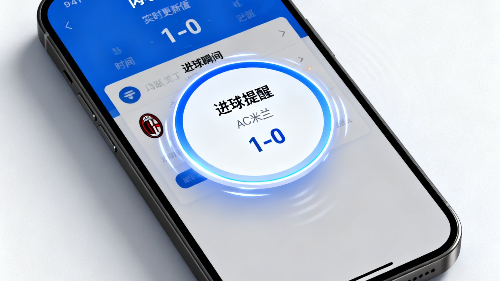 移动设备界面显示闪电比分功能，进球瞬间弹窗并伴有声音提醒